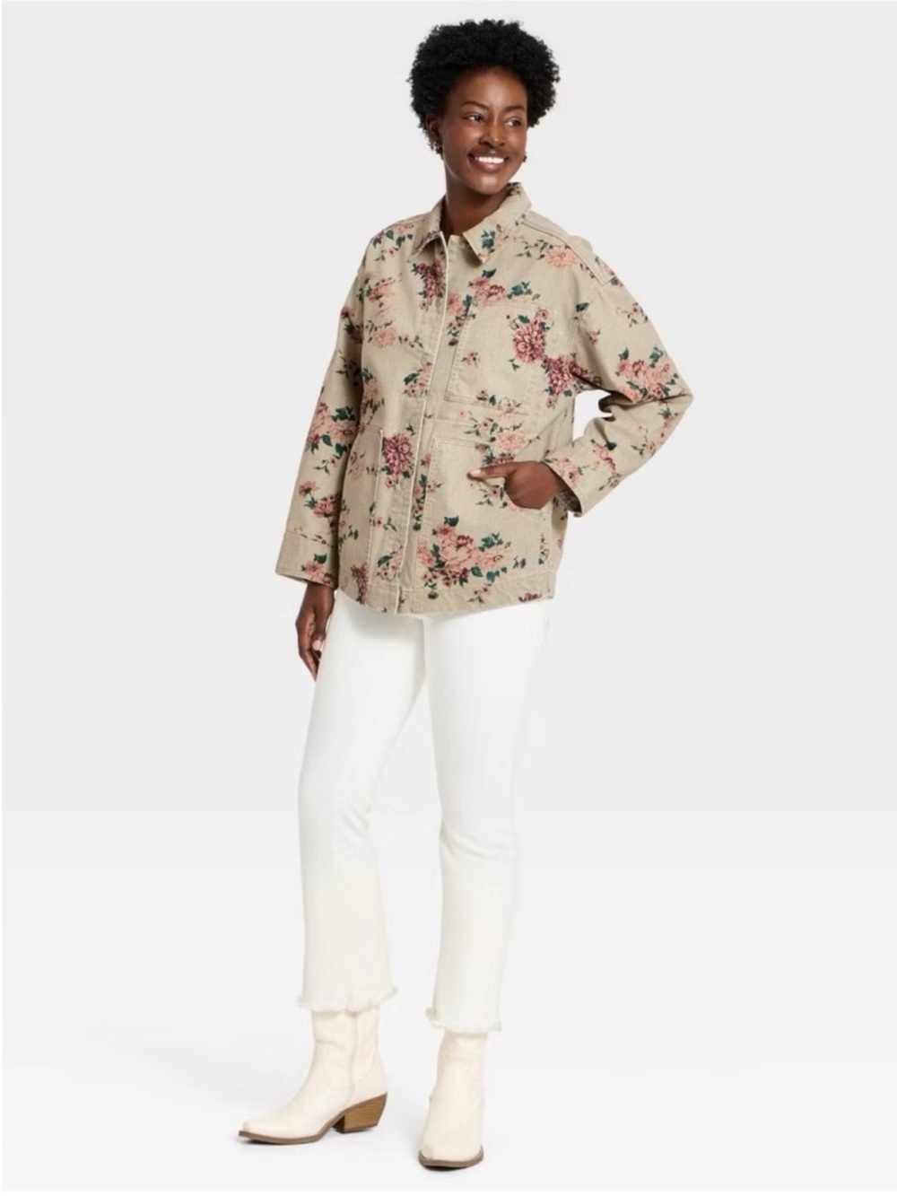 Universal Thread Women’s Floral Denim Chore Coat - Khaki Size Large NWT - Picture 3 of 9